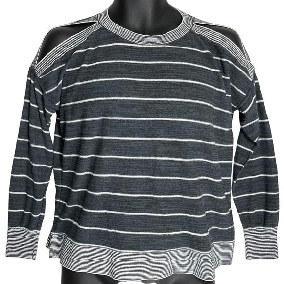 LOFT Sweater Womens S Gray Striped Long Sleeve Cold Shoulder Crew Neck Casual - Picture 1 of 5